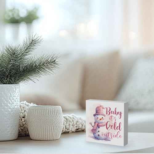 Baby It's Cold Outside Pink Winter Decor - Snowman Decor, Winter Christmas Sign, 5 x 5 Inches