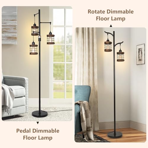 Airposta Black Wood Dimmable Farmhouse Floor Lamp with 3 Cage Lights