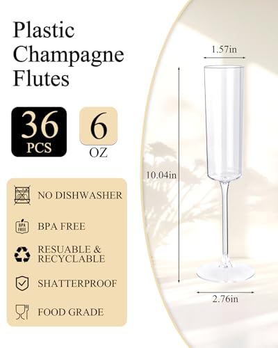 Ciaell 36 Pack 6oz Clear Plastic Champagne Flutes for Weddings & Parties