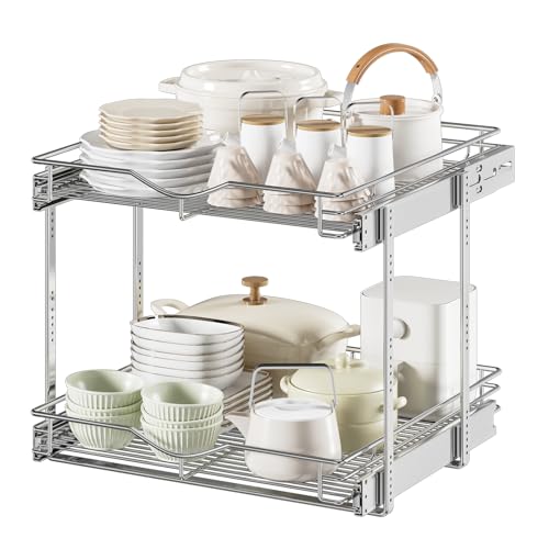 DINDON Chrome Pull Out Cabinet Organizer 22.5" W x 21.5" D - 2 Tier Kitchen Shelves