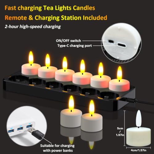 Rechargeable LED Tea Lights with Remote Control & USB Charging Base - 60H runtime