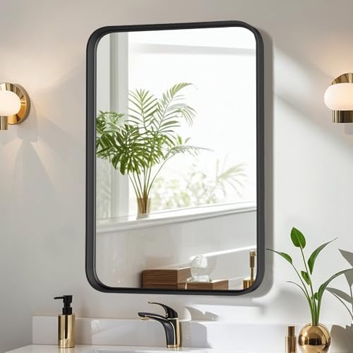 Modern 30x22 Inch Black Metal Framed Bathroom Mirror - Rounded Rectangle Wall Mirror with Anti-Rust Tempered Glass