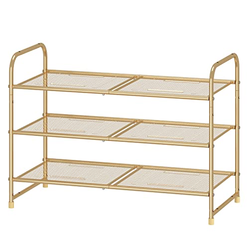 Gold 3-Tier Stackable Shoe Rack - Expandable & Adjustable Metal Organizer