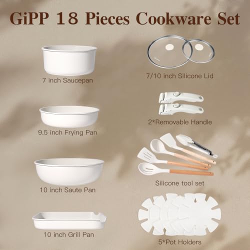 GiPP 18-Piece White Non-Stick Cookware Set with Detachable Handles & Grill Pan