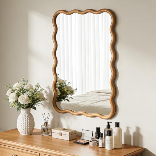 Wavy Wood Mirror 24x36 Inch Wall Decor with Wooden Frame - Walnut Variation