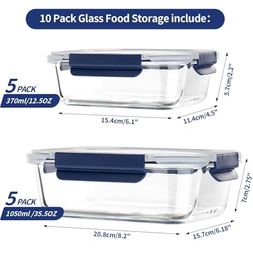 Coccot Blue Glass Food Storage Containers Set with Lids - Airtight Meal Prep