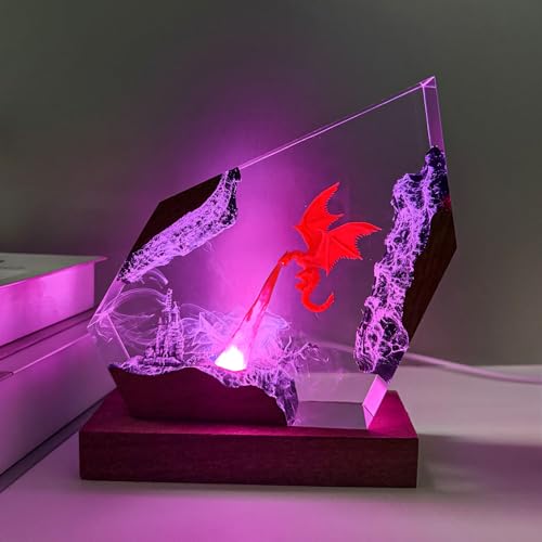 Epoxy Fire Dragon Resin Night Light - Handmade 3D Fantasy Lamp with USB, S