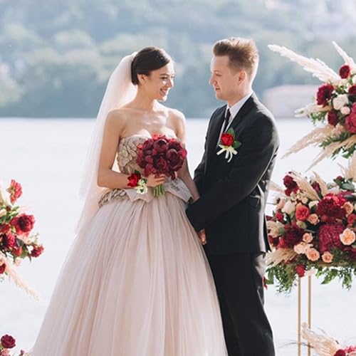 2pcs Red Corsage Wristlet Boutonniere for Men Silk Christmas Corsgea and Boutonniere Set Double Pearl Wrist Corsage Bracelets Rose Boutonniere for Wedding Party Prom Decor