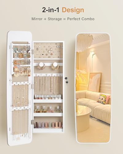 Nicetree Moon White Rounded Wall Jewelry Mirror Cabinet 3.78''D x 13.1''W x 40.75''H