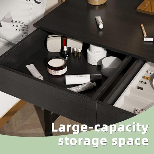 CAIYUN Small Computer Desk with Wooden Drawers - 39 Inch Black Home Office Table