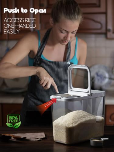 Rice Dispenser 20-25 lbs with Measuring Spoon - Transparent Food Container - White Grey Variation