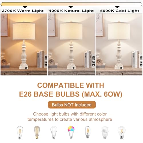 Farmhouse Table Lamps Set of 2 - 28.5in Rustic White Bedroom Nightstand Lamps with USB C+A, Rotary Switch, No Bulbs