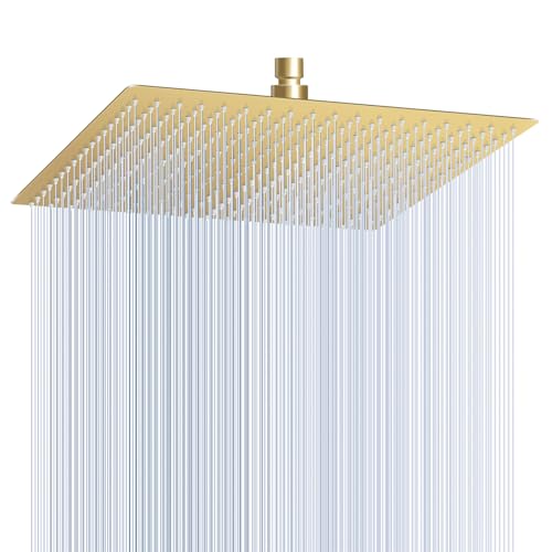 16 Inch Square Brushed Gold Rain Shower Head Ceiling Mount - All Metal Stainless Steel, Waterfall Bathroom Square Showerhead