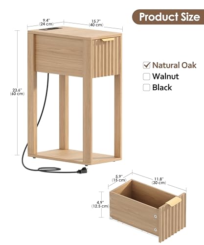 Narrow Nightstand Set 2 with Charging Station - Natural Oak, 15.7D x 9.4W x 23.6H