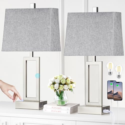 23.5-Inch Silver Touch Control Table Lamps Set of 2 with USB & Power Outlet
