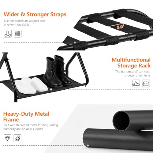 Heybly Black Luggage Rack for Guest Room with Storage Shelf - Pack of 2