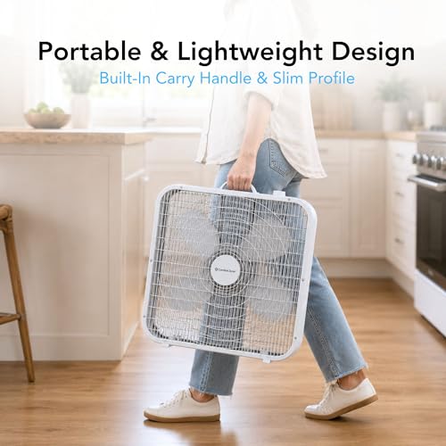 Comfort Zone White 20-Inch Box Fan with Carry Handle, 3-Speed Air Circulation