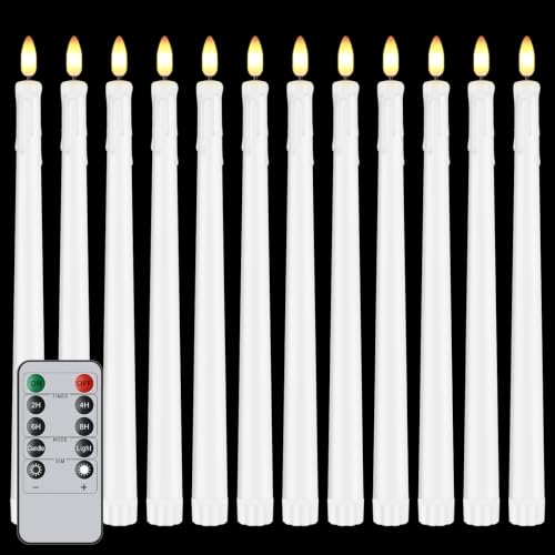 Hopule 12 Pack Flickering Flameless LED Taper Candles, Wedding Decor, White Dripping 11in