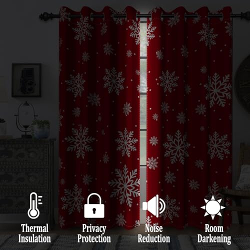 Red Xmas Blackout Curtains 42x84 in 2 Panels - Christmas Snowflake Thermal Insulated Drapes