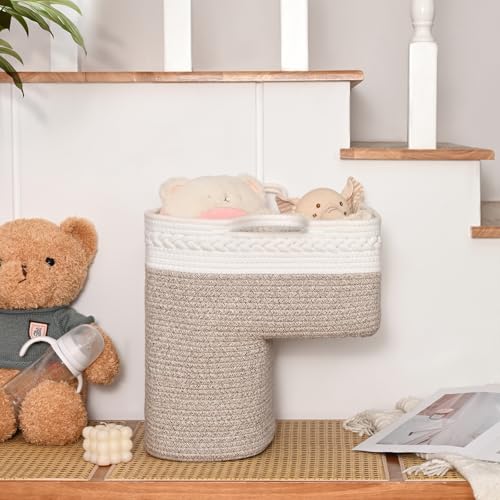 Brown Woven Stair Basket - 15x10x15 Inch Cotton Storage Bin with Handles