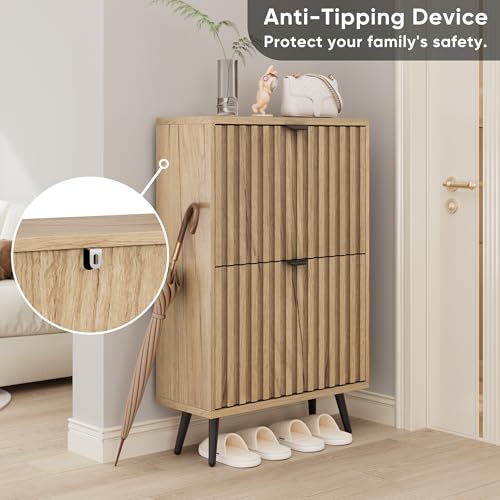 Shoe Cabinet with Flip Drawers - 23.6 Inch Natural Storage Closet with Fluted Doors - Freestanding Entryway Organizer - Variation: 23.6 in (60 cm) / Natural With Flip Drawer