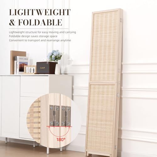 Beige Bamboo Room Divider 67-inch, 4-Panel Freestanding Wooden Screen, Versatile Partition
