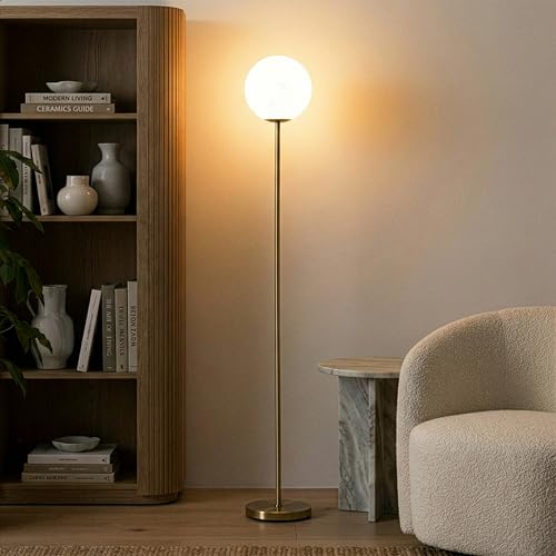 Brightech Luna LED Floor Lamp - Antique Brass Modern Tall Globe Light for Living Room & Bedroom