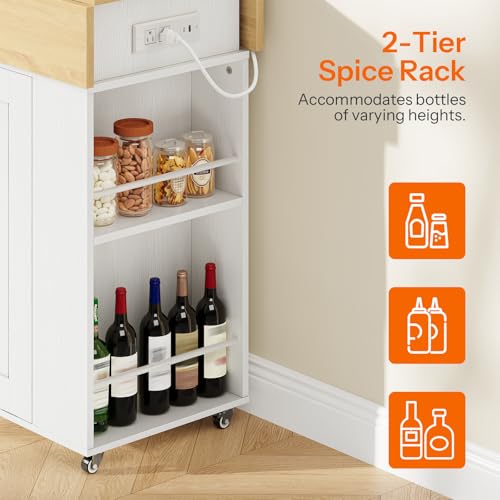 HOOBRO Kitchen Island with Trash Can Storage & Power Outlets, Rolling Drop Leaf Cart, White & Natural