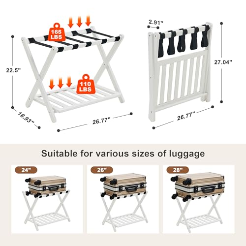 White Luggage Rack Set of 2, Fully Assembled Bamboo Suitcase Stands