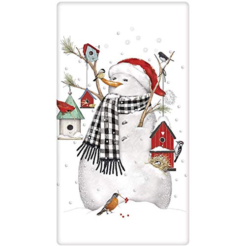 Christmas Birdhouse Snowman Flour Sack Kitchen Towel - 30x30 Inches