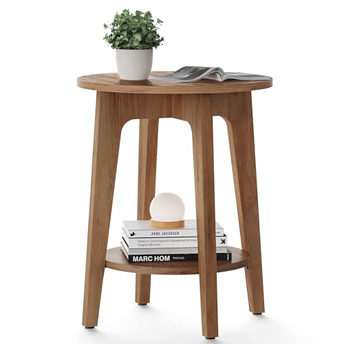 VASAGLE Honey Brown Round Side Table with Lower Shelf - 1 Pack, Space-Saving End Table for Small Spaces, Mid-Century Modern Design, 15.8-inch Diameter