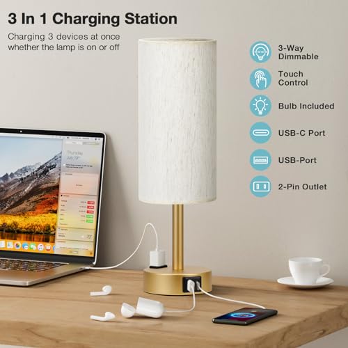 Fenmzee Cream Gold 14-inch Dimmable Bedside Touch Lamp with USB-C, USB-A & Outlet