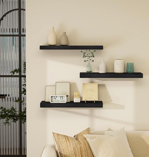 Black Rustic Floating Wall Shelves 24 Inch Set of 3 - Stylish & Stable Storage