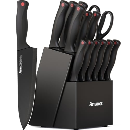 Astercook 15-Piece German Stainless Steel Knife Set with Block & Sharpener