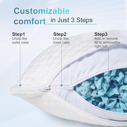 NTCOCO White Cooling Queen Size Shredded Memory Foam Pillow Set of 2 - Hypoallergenic, Removable Cover, Adjustable Loft for Side & Back Sleepers