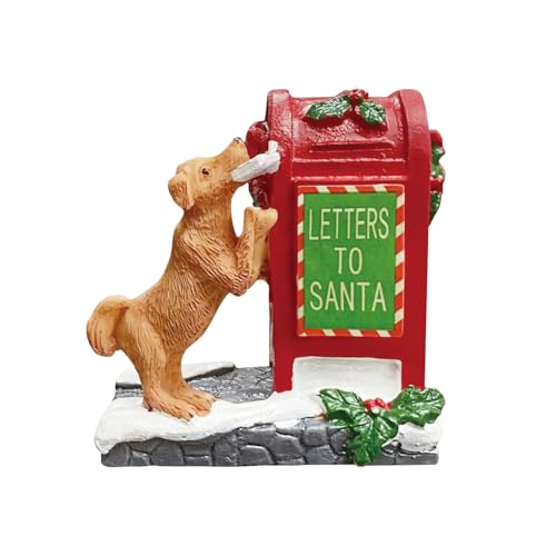 Decorative Christmas Village Accessories for Collection, Resin Dog Santa's Mailbox Animal Ornament 2.4 Inch, Cute Doggy Statues Villages Sets Decor Indoor