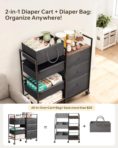 Grey 2-in-1 Baby Diaper Caddy Organizer with Wheels and Storage