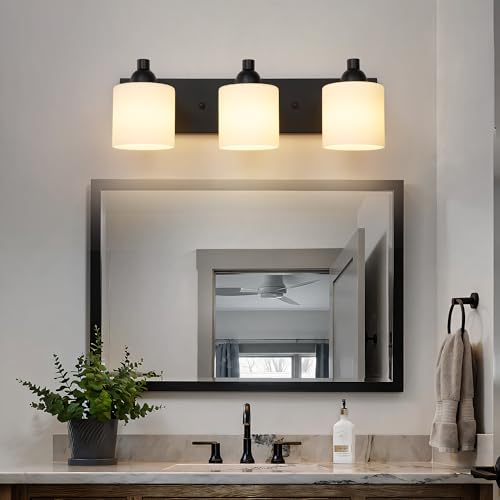Milk Glass Vanity Wall Light Fixture - Matte Black 3-Light Bathroom Sconce - Over Mirror
