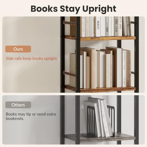 Tall 6-Tier Bookcase with Side Rails - Rustic Brown & Black, Space-Saving Shelving