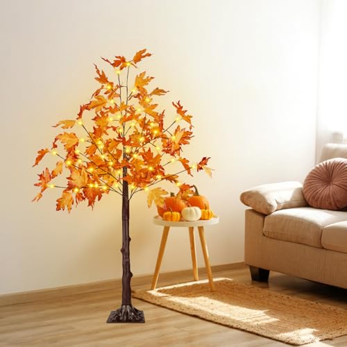 2 Pack 4FT Lighted Maple Trees with 100 LEDs for Indoor Outdoor Fall Decor