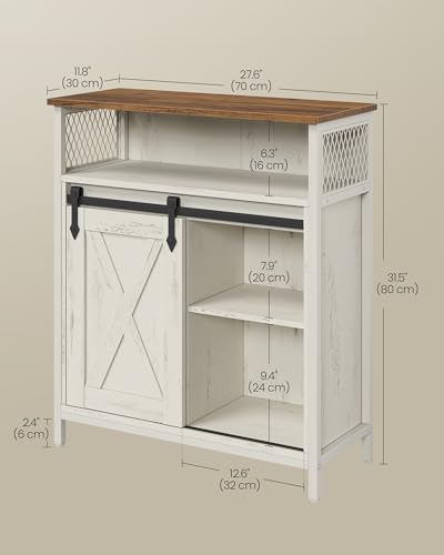 Rustic White and Honey Buffet Cabinet with Sliding Barn Door - No Power Outlet Light - 11.8D x 27.6W x 31.5H - VASAGLE
