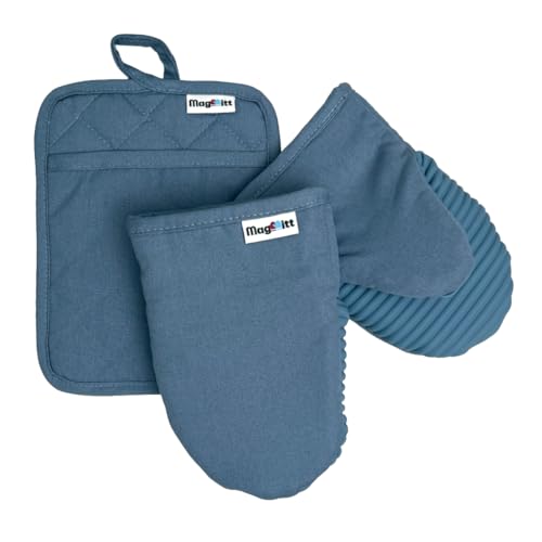 MagMitt Magnetic Oven Mitts & Pot Holder Set - Blue Steel, High Heat Silicone, 3 Piece