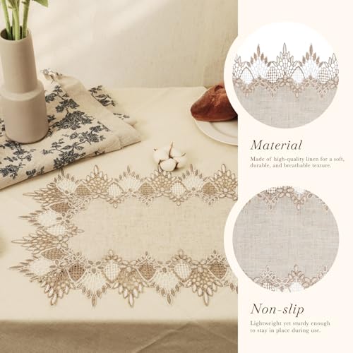 Natural Linen Placemats Set of 2 – Beige Lace Embroidered Table Mats, 13x20 Inch, Elegant Dining Decor