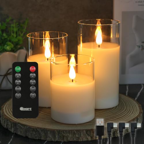 White Glass-Droplet Rechargeable Flickering Flameless Candles with Remote & Timer - Set of 3
