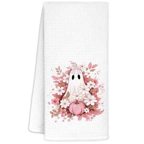 Pink Fall Floral Ghost Halloween Kitchen Towels, Pink Halloween Decor Decorative Dish Tea Hand Towels for Kitchen, Cute Ghost Decor, 16x24 Inch