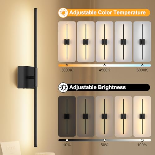 Black 29.1 Inch Battery Operated Dimmable LED Wall Sconce Set with Remote Control