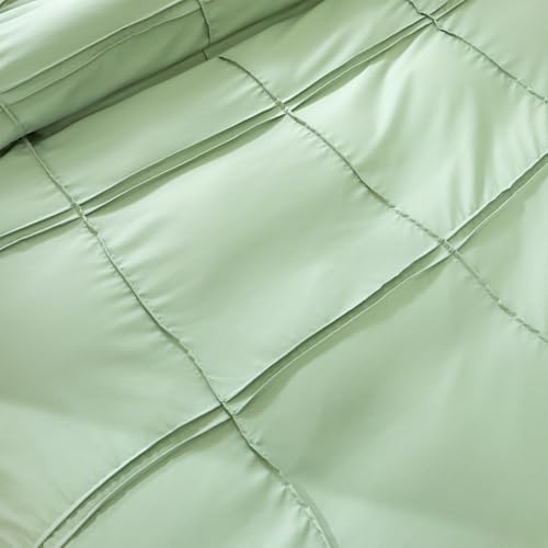 AiMay Duvet Cover Set Queen Pintuck Pleated 3 Pieces—Green, Zipper & Corner Ties