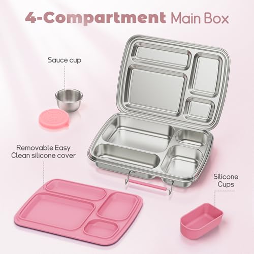 Eoika Pink Stainless Steel Kids Bento Box 4-Compartment Lunch Container with Silicone & Sauce Cup