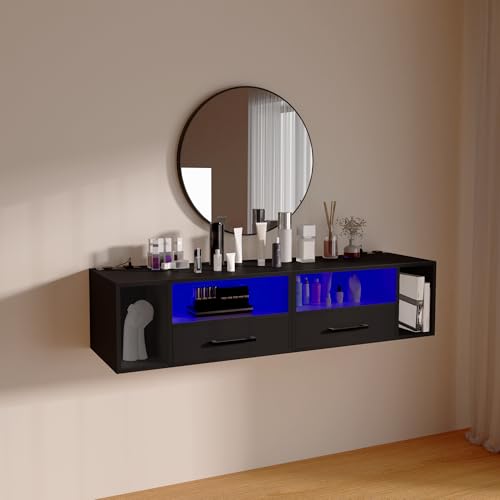Homaterial Floating Nightstand with Charging Station & Lights, Black