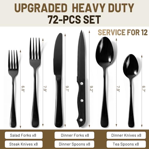 Black Silverware Set 72 Pieces for 12 - No Fading Steak Knives Flatware